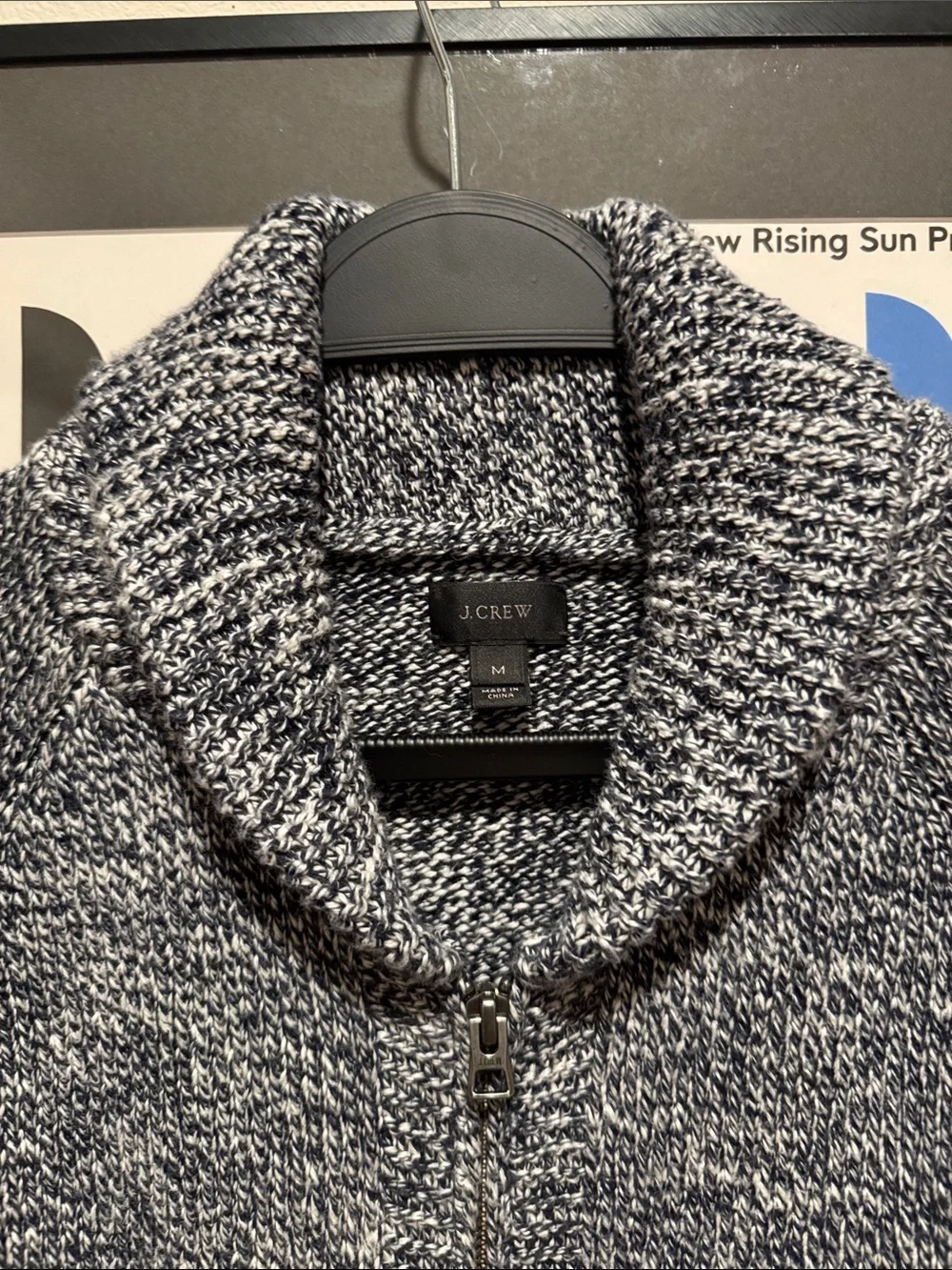 J. Crew Men's Navy and Gray Marled Zip-Up Shawl Collar Sweater